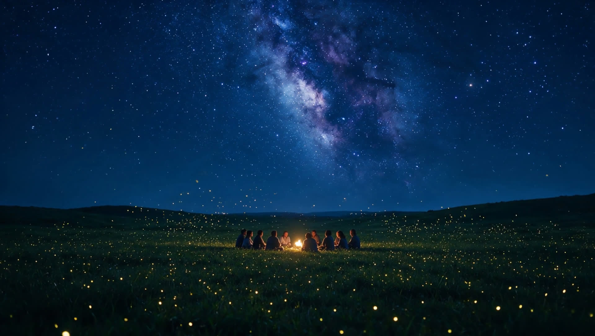 A small group gathered in a circle around a glowing lantern, far out in a dark meadow sprinkled with tiny golden lights, beneath a deep blue starry sky and the Milky Way